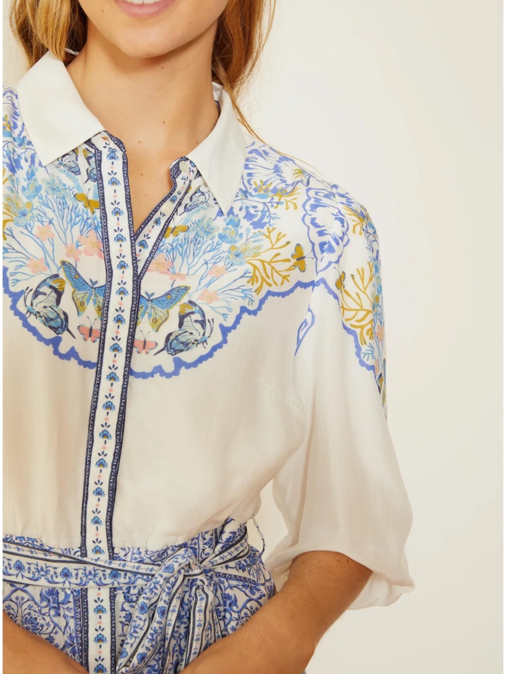 Floral Bird Print Shirt Dress in White and Blue